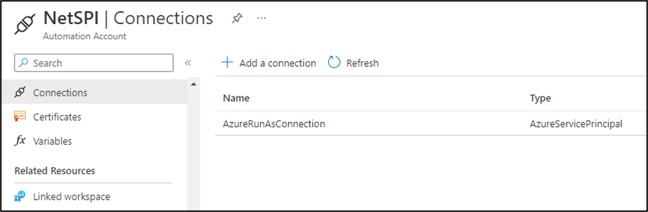 Screenshot of the Run As account type, one of two identities available for Azure Automation Accounts.