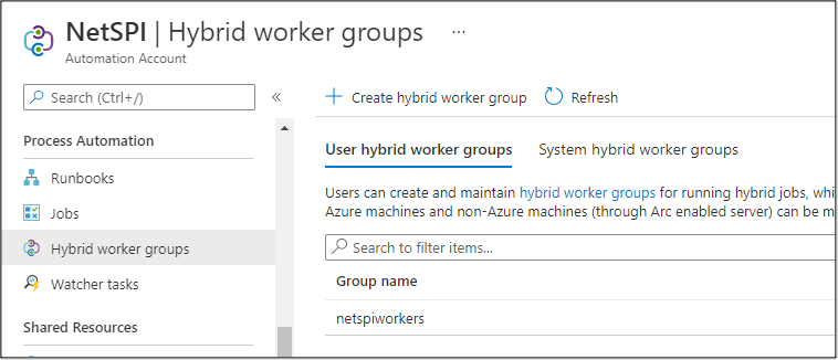 The easiest way to identify Automation Accounts that use Hybrid Workers is to look at the “Hybrid worker groups” section of an Automation Account in the portal.