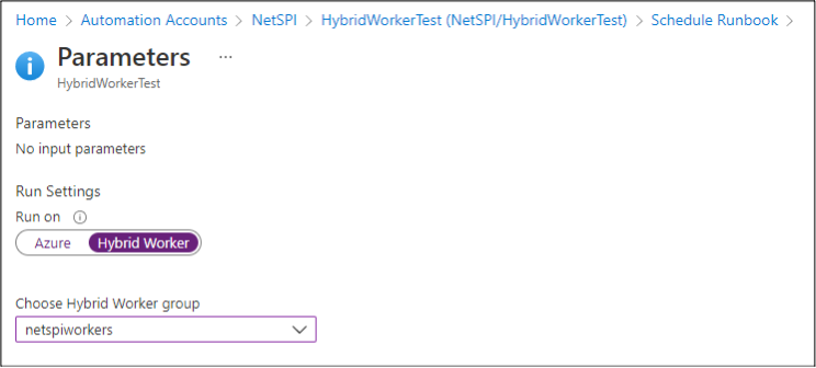 To run jobs on the Hybrid Worker group, you can modify the “Run settings” in any of your runbook execution options (Schedules, Webhook, Test Pane) to “Run on” the Hybrid Worker group.