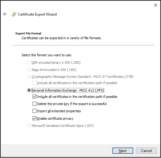 With Remote Desktop Protocol (RDP) access, we can just manually go into the certificate manager (certmgr), find the “Run as” certificate, and export it to a pfx file.