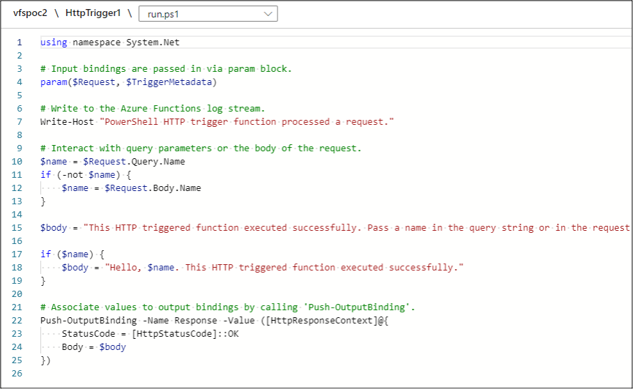 A screenshot of the PowerShell "hello" function.
