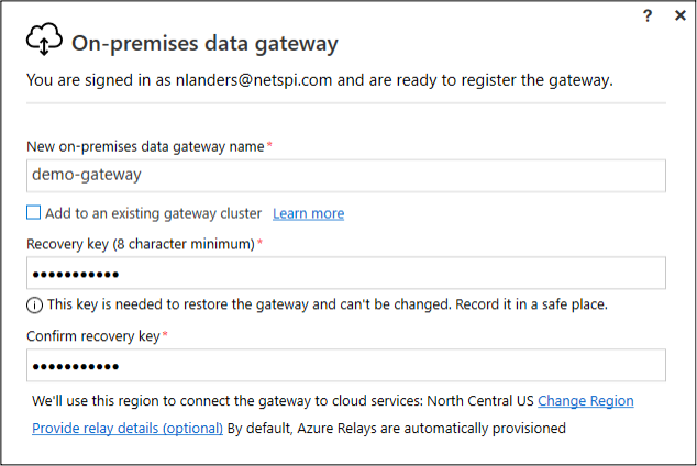 On-premises data gateway portal in Azure.