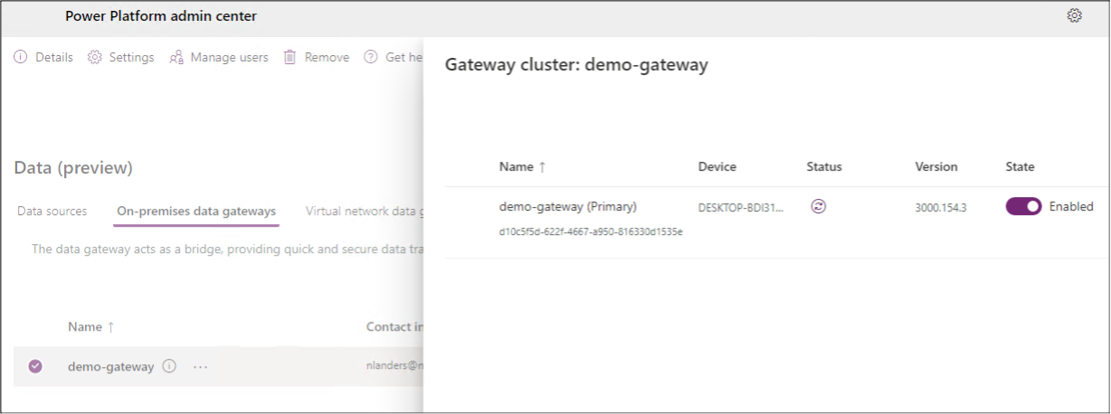 Power Platform admin center showing gateway cluster: demo-gateway.