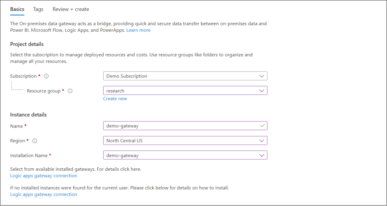 Subscription and instance details within Azure data gateway.
