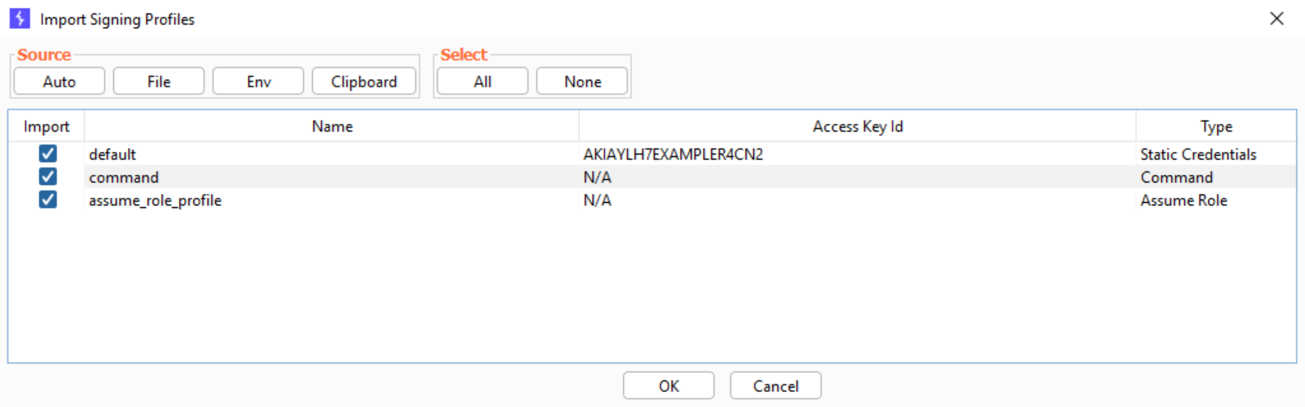 You can import profiles within Burp Suite using Auto, File, Env, and Clipboard.