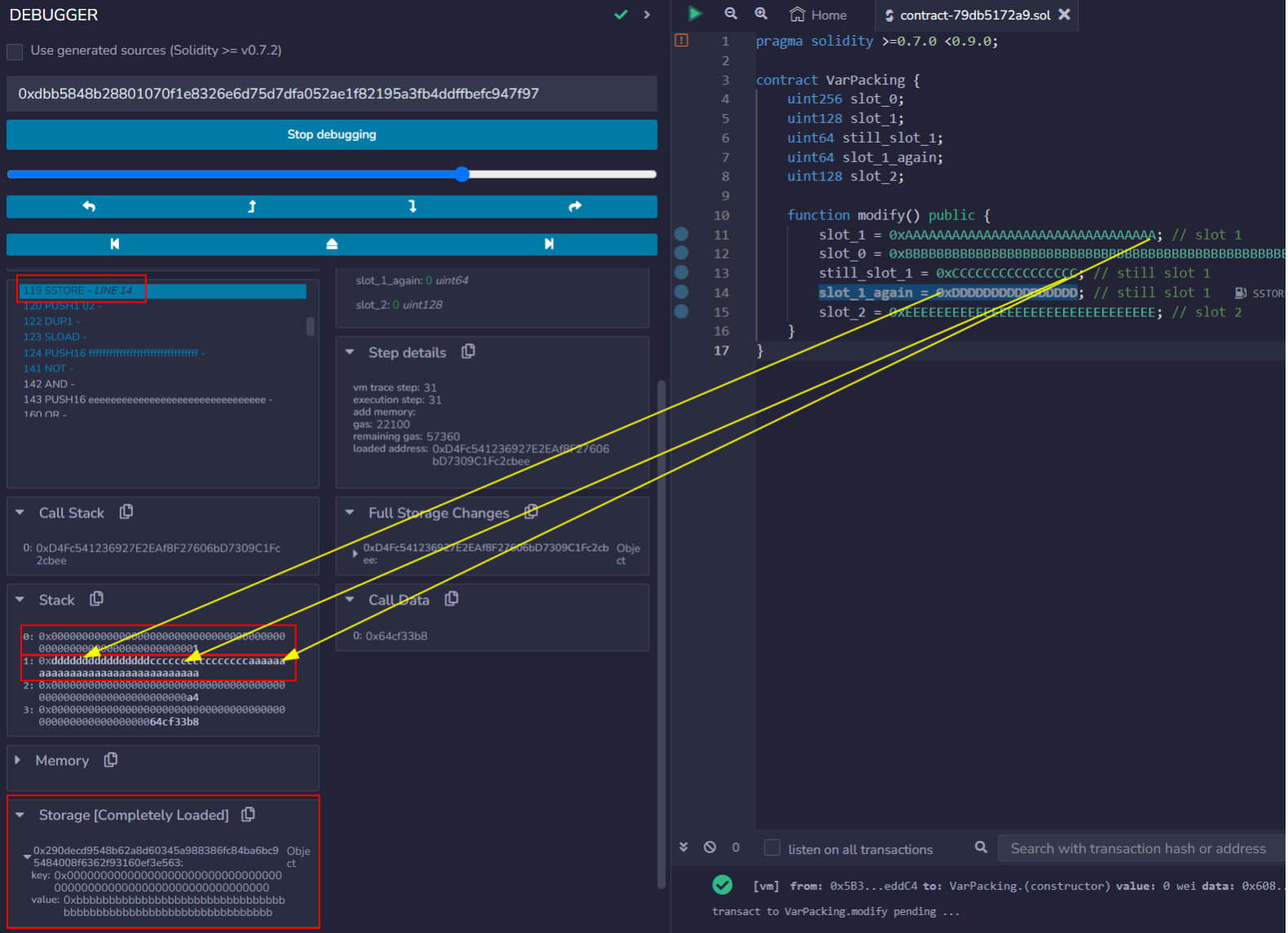 Due to compiler optimizations, slot 1's contents are stored via a single SSTORE operation using the 3 values to be stored in slot 1. This happens after slot 0 is fully populated.