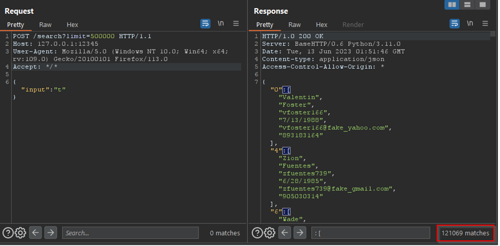 Example of adjusting the limit parameter from 8 to 500,000 to return 121,069 matches.