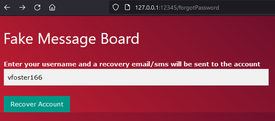 Screenshot of forgot password screen on a fake message board.
