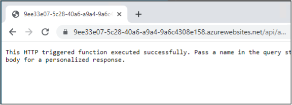 Screenshot of triggering via browser saying This HTTP triggered function executed successfully. Pass a name in the query body for a personalized response. 