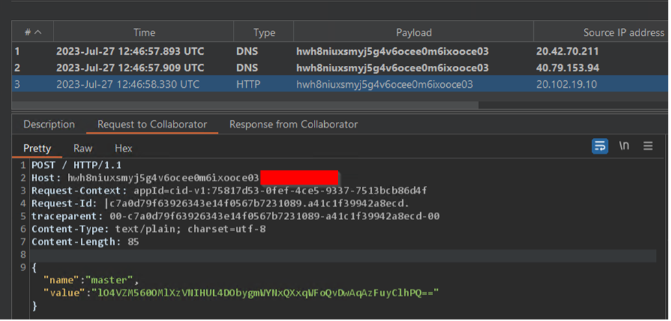 Screenshot of Burp collaborator. 