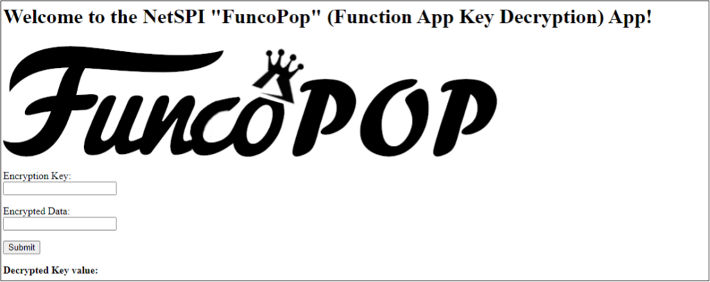 Screenshot of welcome screen to the NetSPI "FuncoPop" app (Function App Key Decryption).