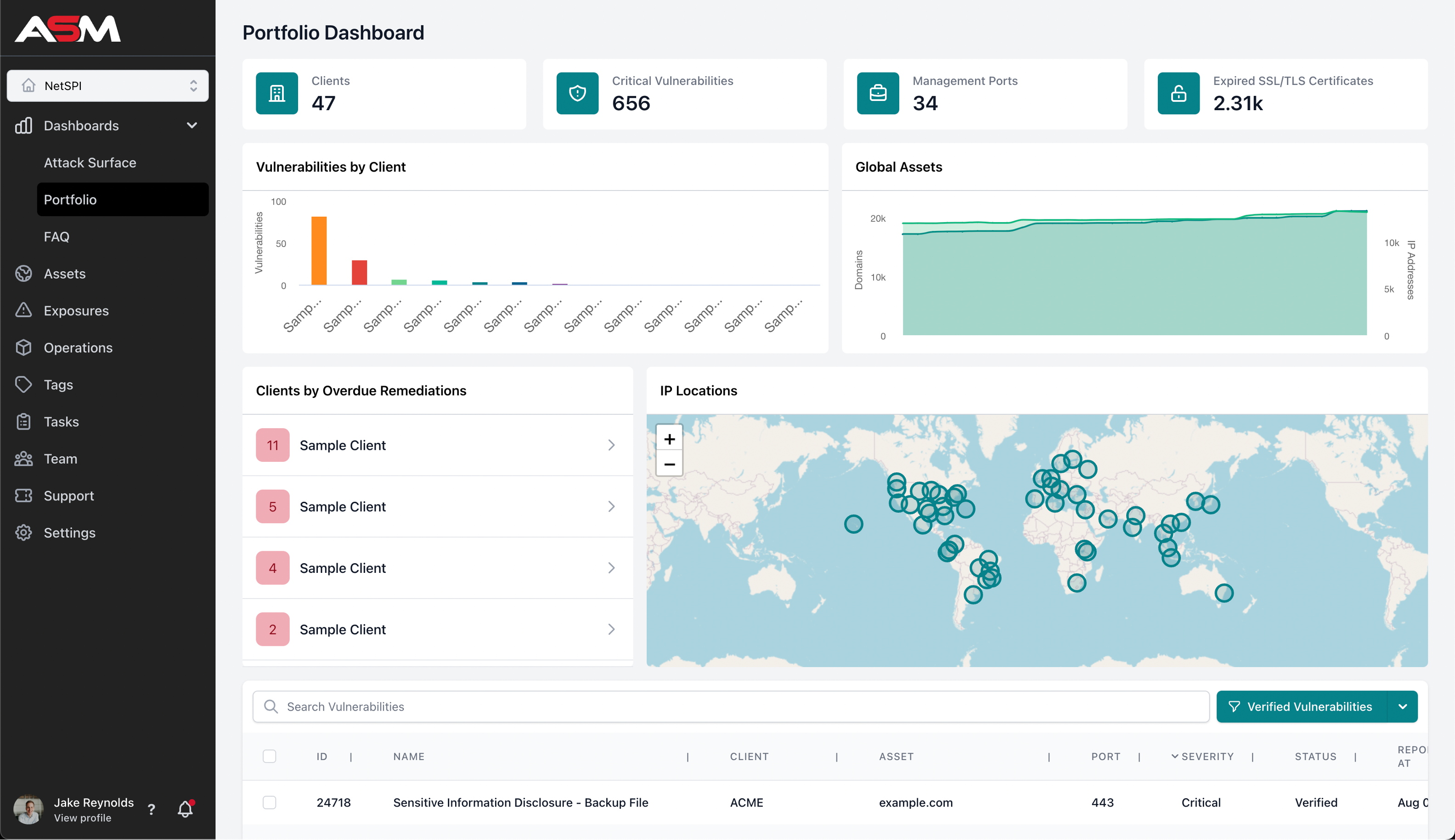 The ASM Portfolio Dashboard allows your company a global risk view of your attack surface, specifically showing your corporate network along with all portfolio or client networks.