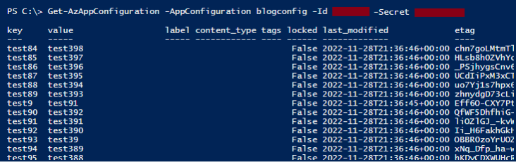 A list of configuration values from the Get-AzAppConfiguration function.