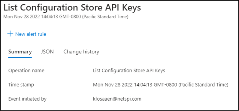 An example of an app configuration audit log, capturing details of the account used to access data.