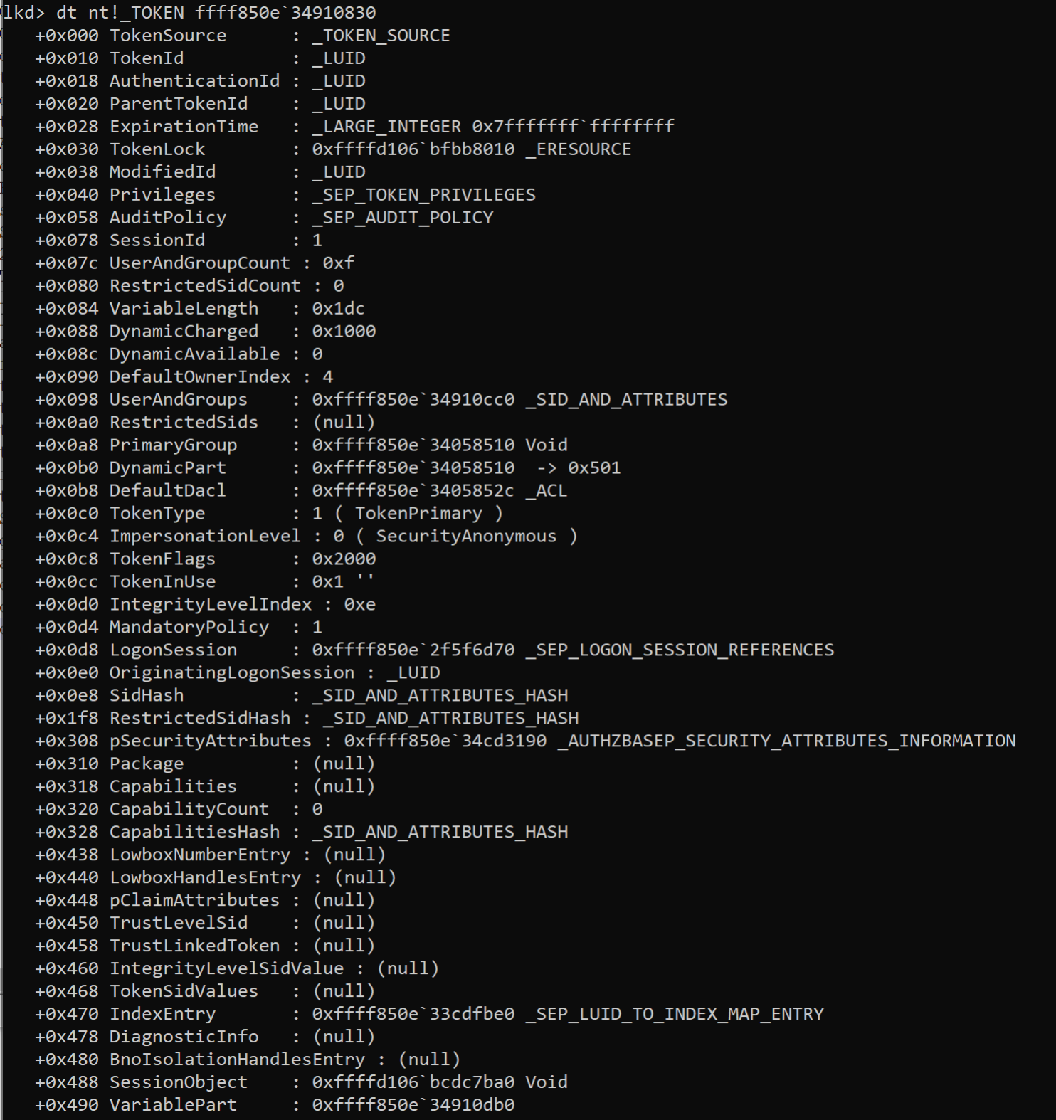 Querying that address for the token we see a structure where the privileges are stored.