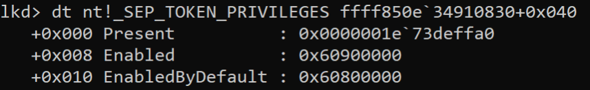 Querying that field reveals a structure that contains the present field where a bitwise or for each privilege can detect if it is present.