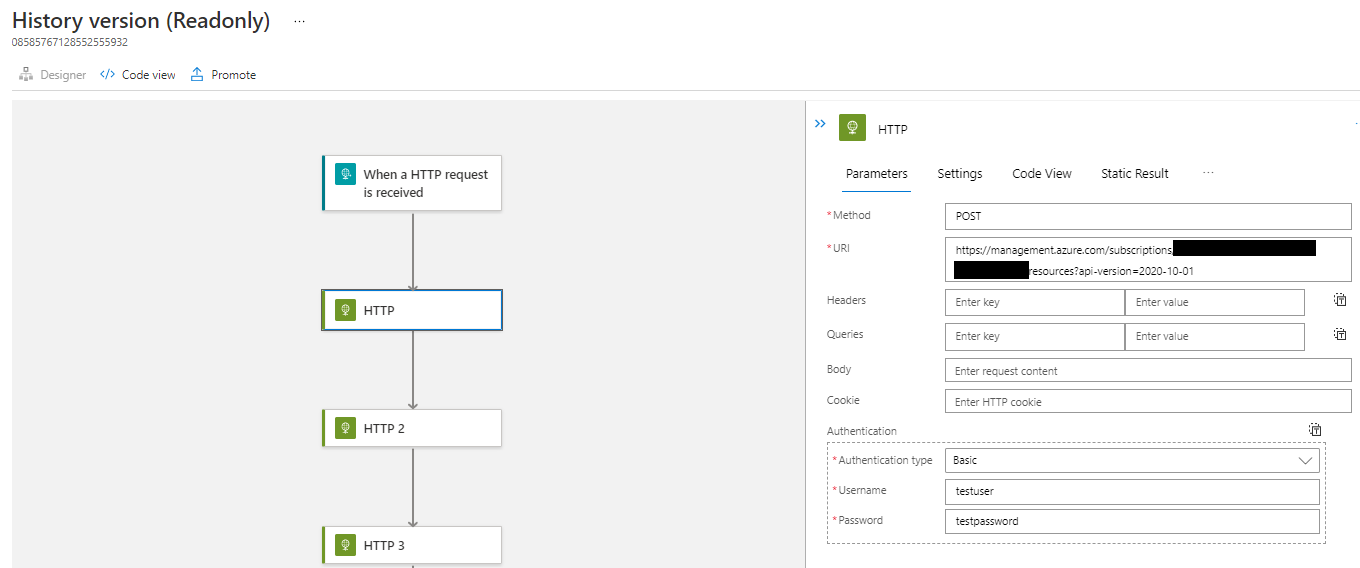 The Versions tab contains a history of all previous definitions for the Logic App.