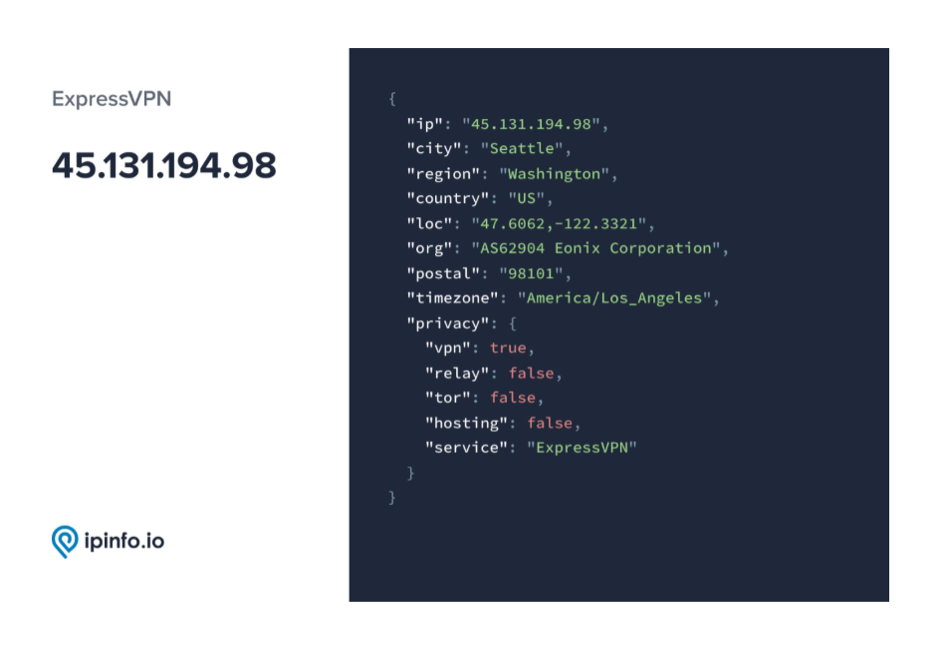 IPInfo’s Privacy Detection Database shows typical responses for ExpressVPN IP address.