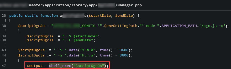 The controller took a “start_date” and “end_date” from the URL and then passed those variables into another function that used them in a very unsafe manner