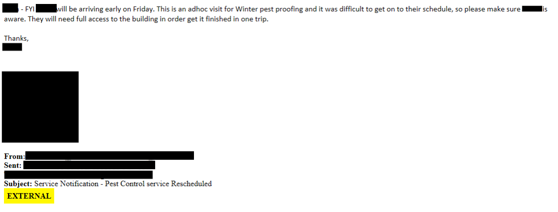 Email that notified Employee #2 of the appointment and asked that the message be forwarded to the security guard.