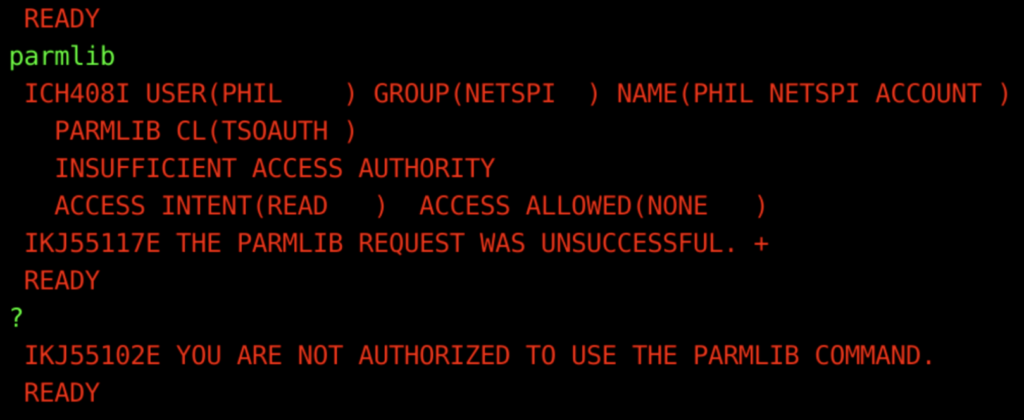 Image demonstrating the parmlib command cannot be run by my user Image demonstrating the parmlib command cannot be run by my user