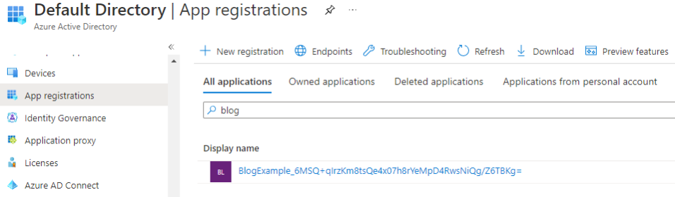 Once the Automation and “Run as” Accounts are created, we can then see the new service principal in the App Registrations section of the Azure Active Directory blade in the Portal.