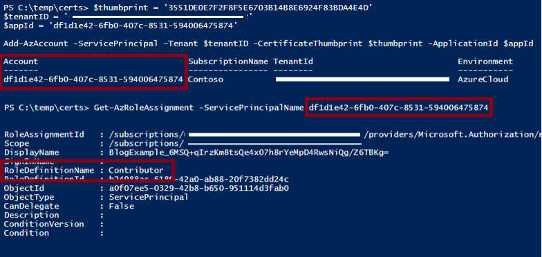 As we can see, the results of Get-AzRoleAssignment for our App Registration shows that it has the Contributor role in the subscription.