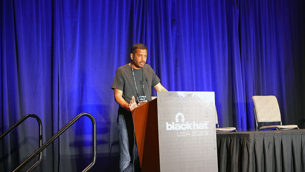 NetSPI Chief of Product Vinay Anand during his Black Hat presentation, Defining a Roadmap for Offensive Security.