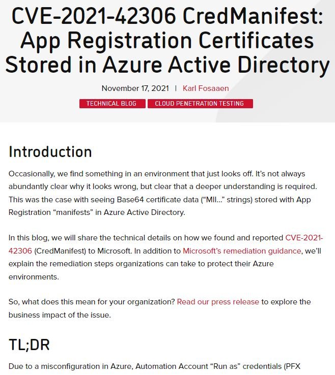 CVE-2021-42306 CredManifest: App Registration Certificates Stored in Azure Active Directory
